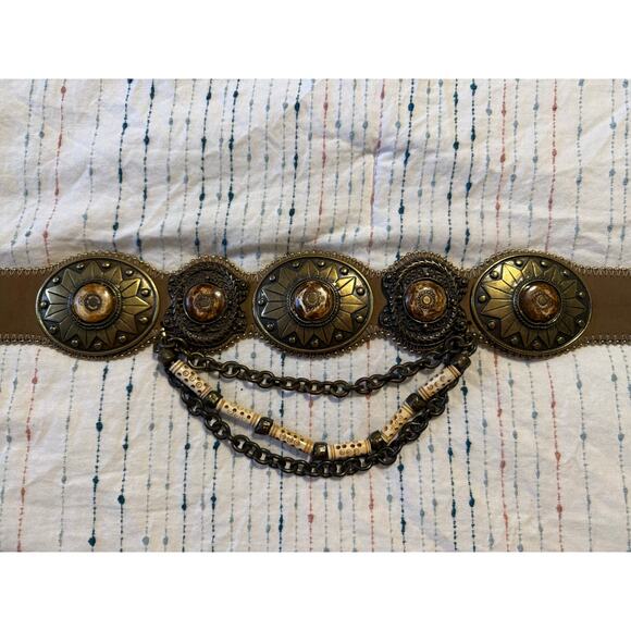 VTG Streets Ahead Brass Carved Bone Leather Belt XS Chain Whimsy Boho Fairy main image 5